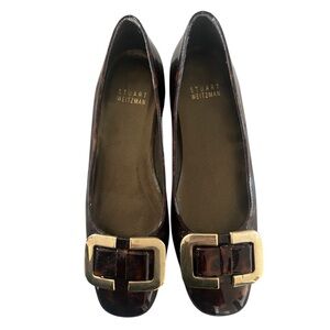 Stuart Weitzman Brown Tortoise Patent Leather Ballet Flats Gold Buckle Size 4